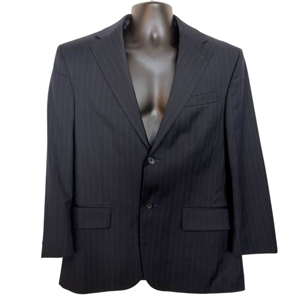 VTG 90s Geoffrey Beene Men 40S Navy Blue Pinstripe 100% Wool Blazer Sport Coat